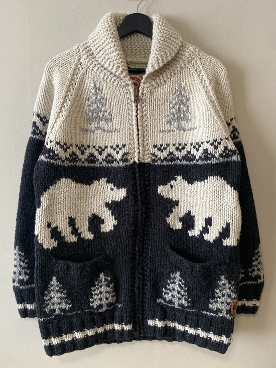 Roots Sweaters - Roots Canada x Mary Maxim Bear & Tree Wool Acrylic Blend Knit Zip Sweater